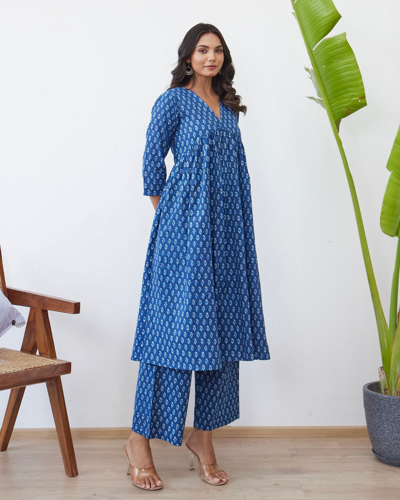 Navy Blue Paisley A Line Cotton Kurta Set