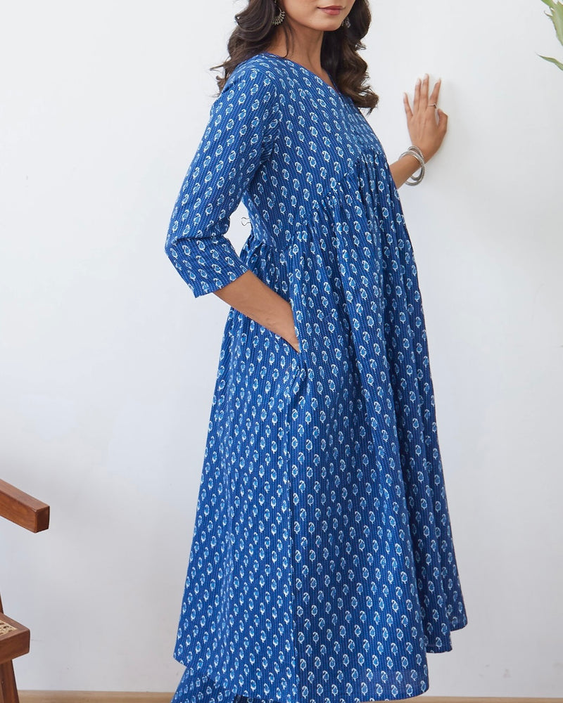 Navy Blue Paisley A Line Cotton Kurta Set