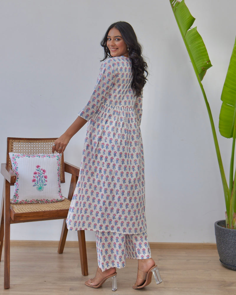 Ivory Pink Floral A Line Cotton Kurta Set