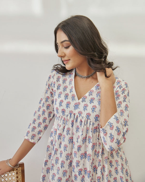 Ivory Pink Floral A Line Cotton Kurta Set