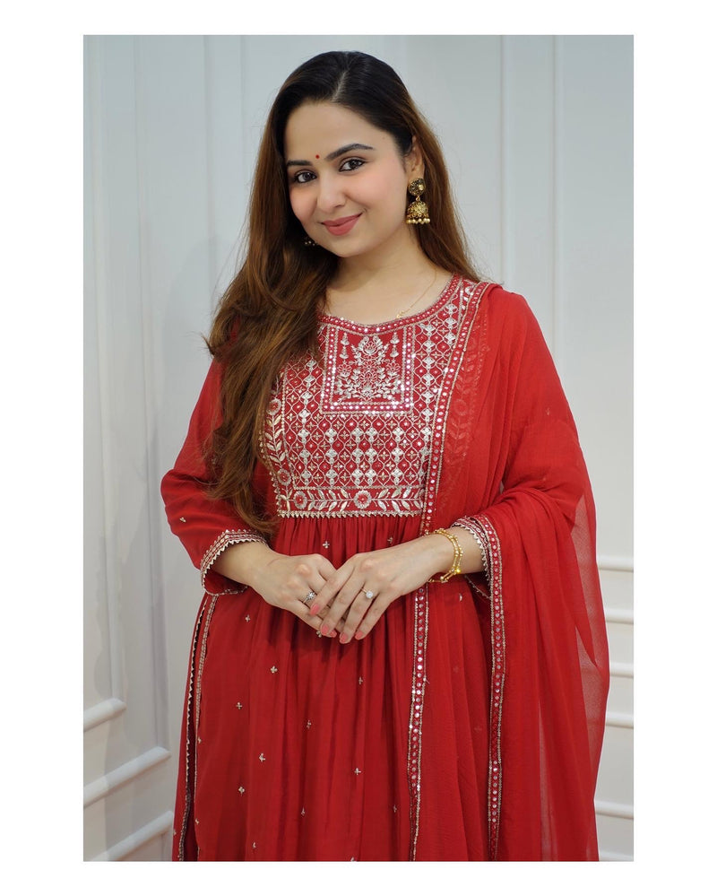 Red Nayra Embroidered Suit