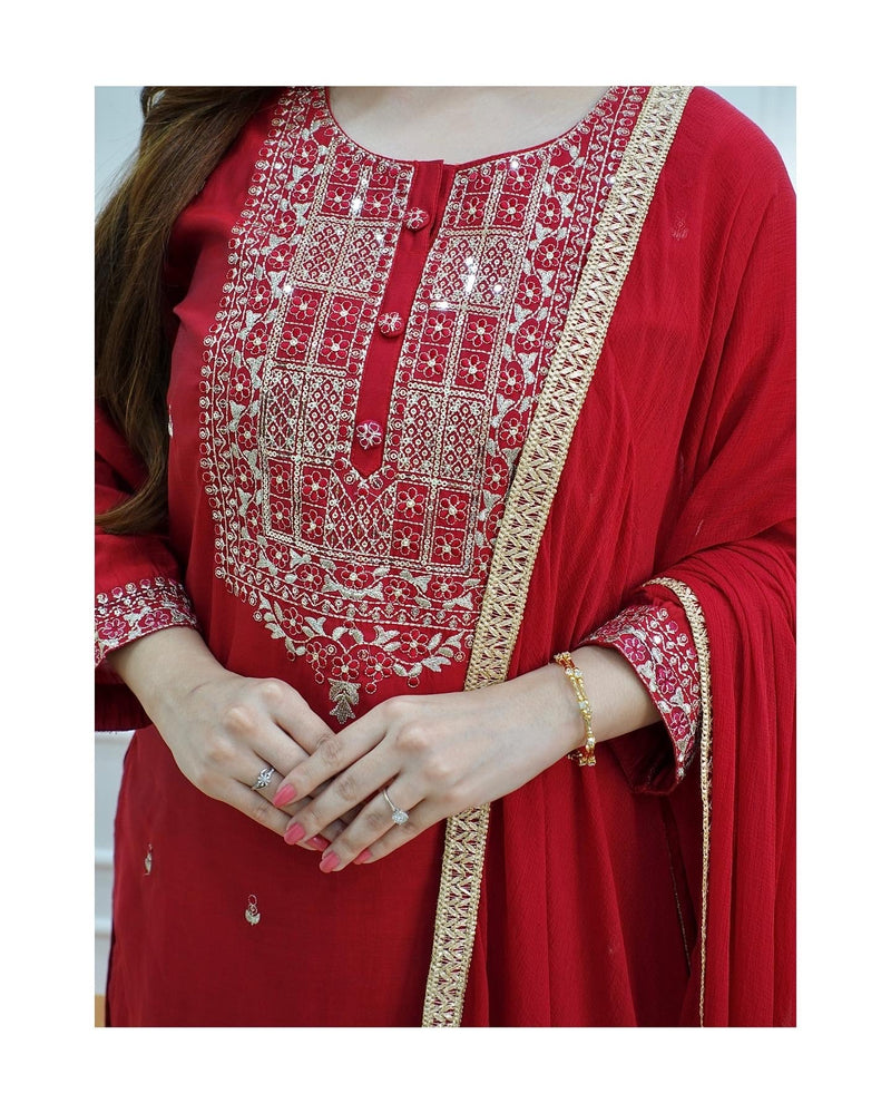 Maroon-Red Dola Silk Suit