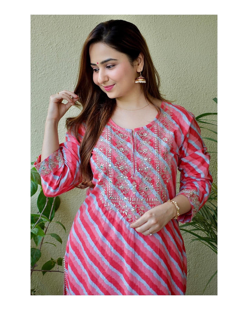 Pink Leheriya Kurta Set