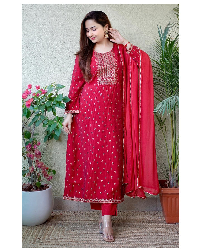 Maroon Muslin Embroidered Suit