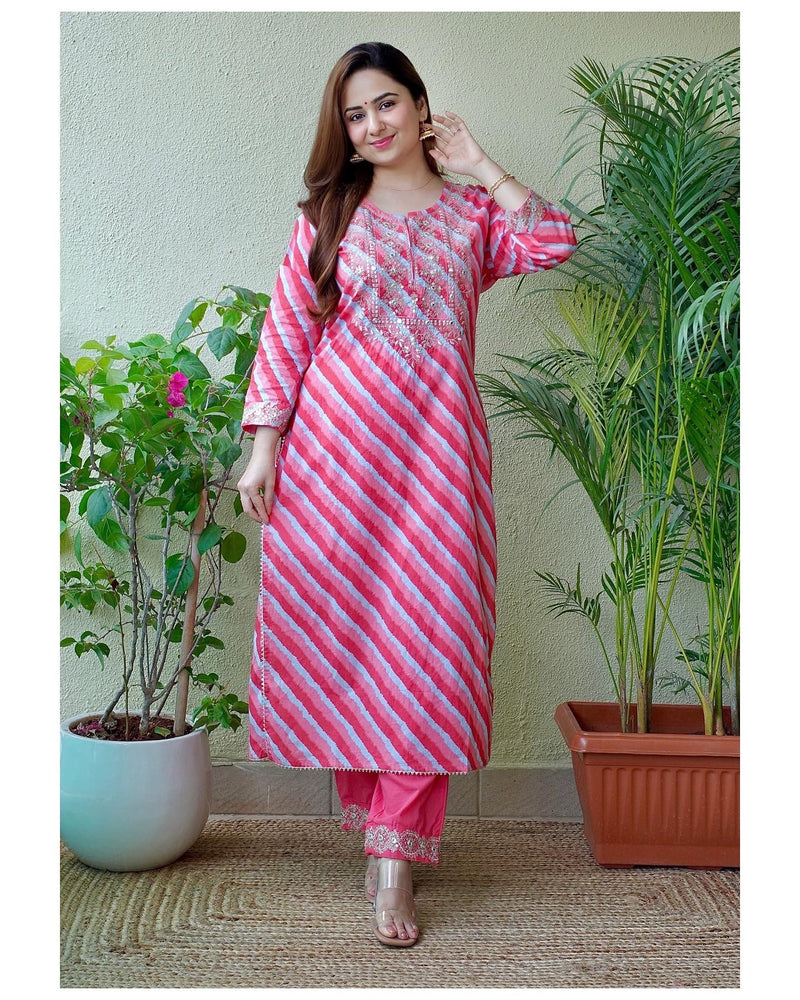 Pink Leheriya Kurta Set