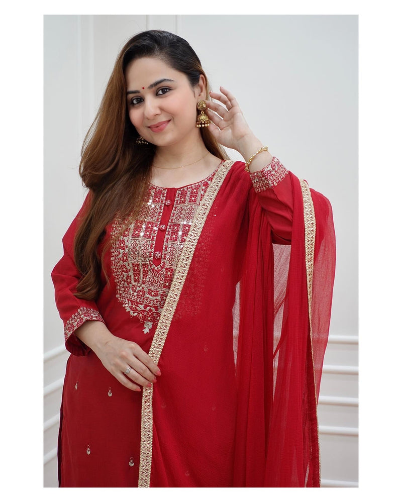 Maroon-Red Dola Silk Suit