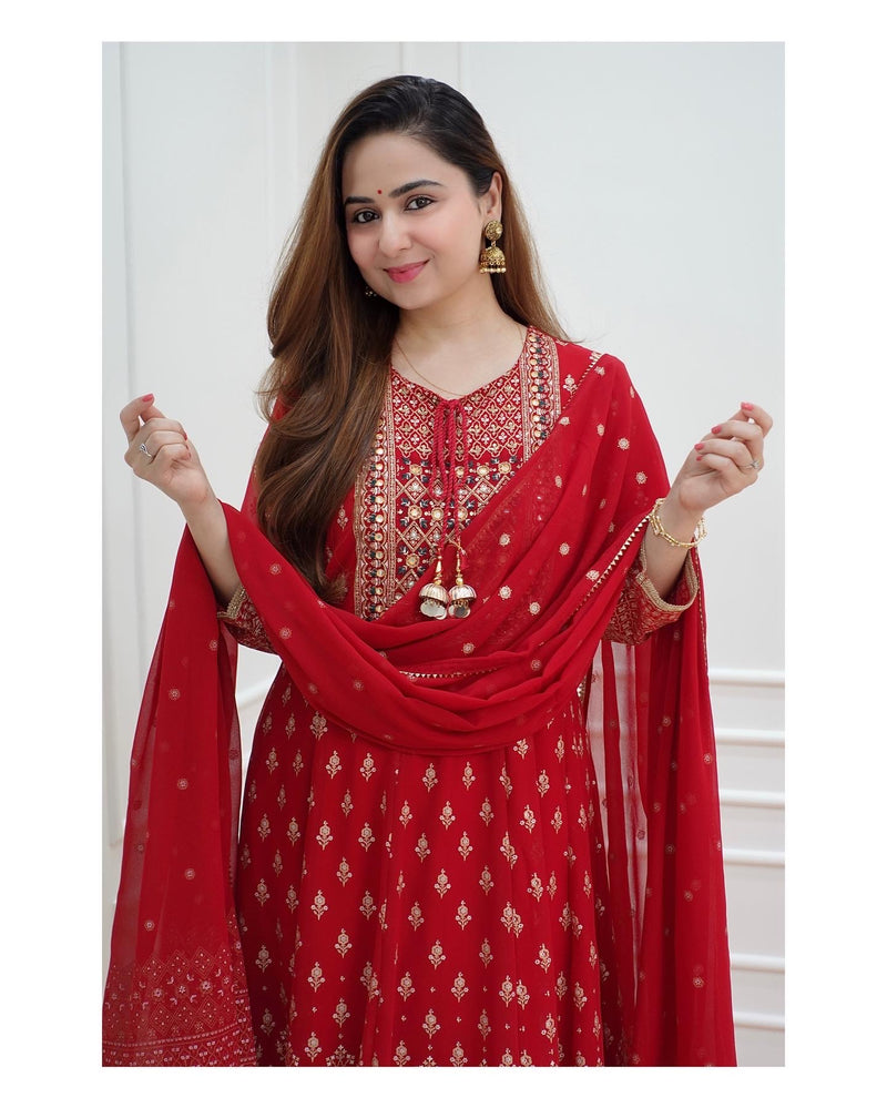 Red Colored Georgette Anarkali Suit With Dupatta - Anarkali