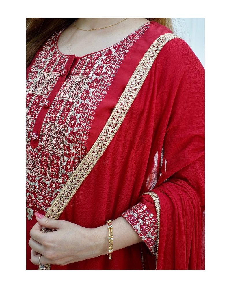 Maroon-Red Dola Silk Suit