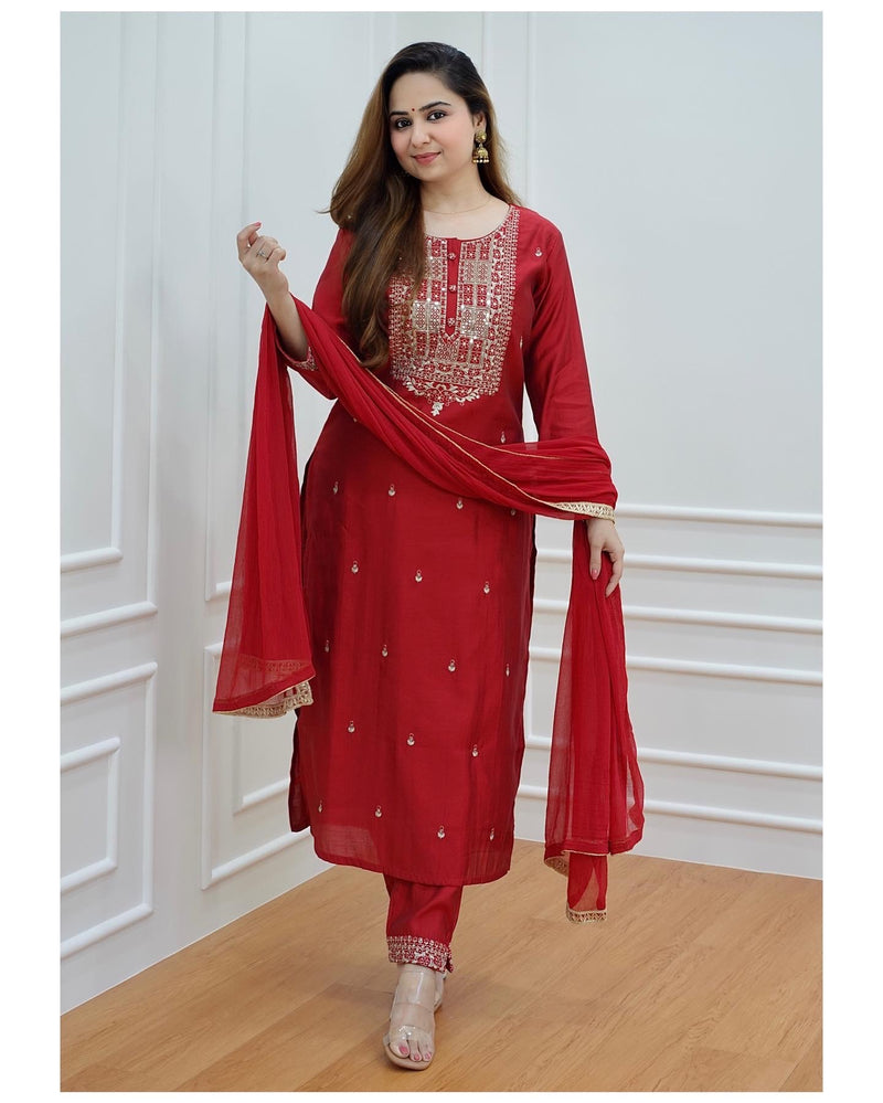 Maroon-Red Dola Silk Suit