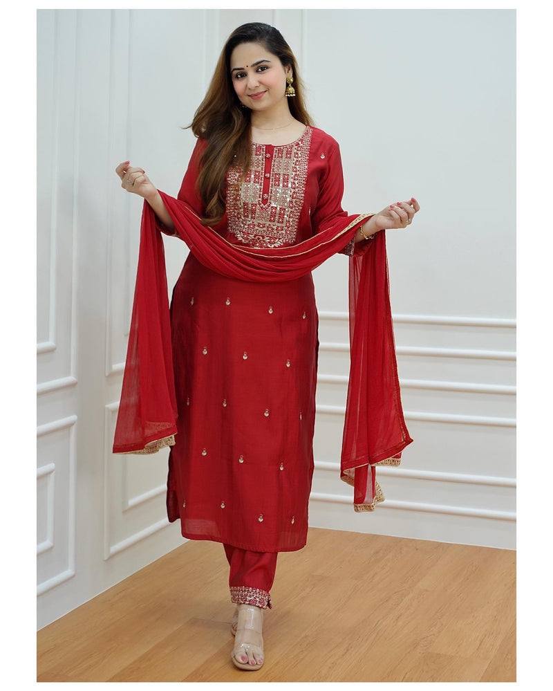 Maroon-Red Dola Silk Suit