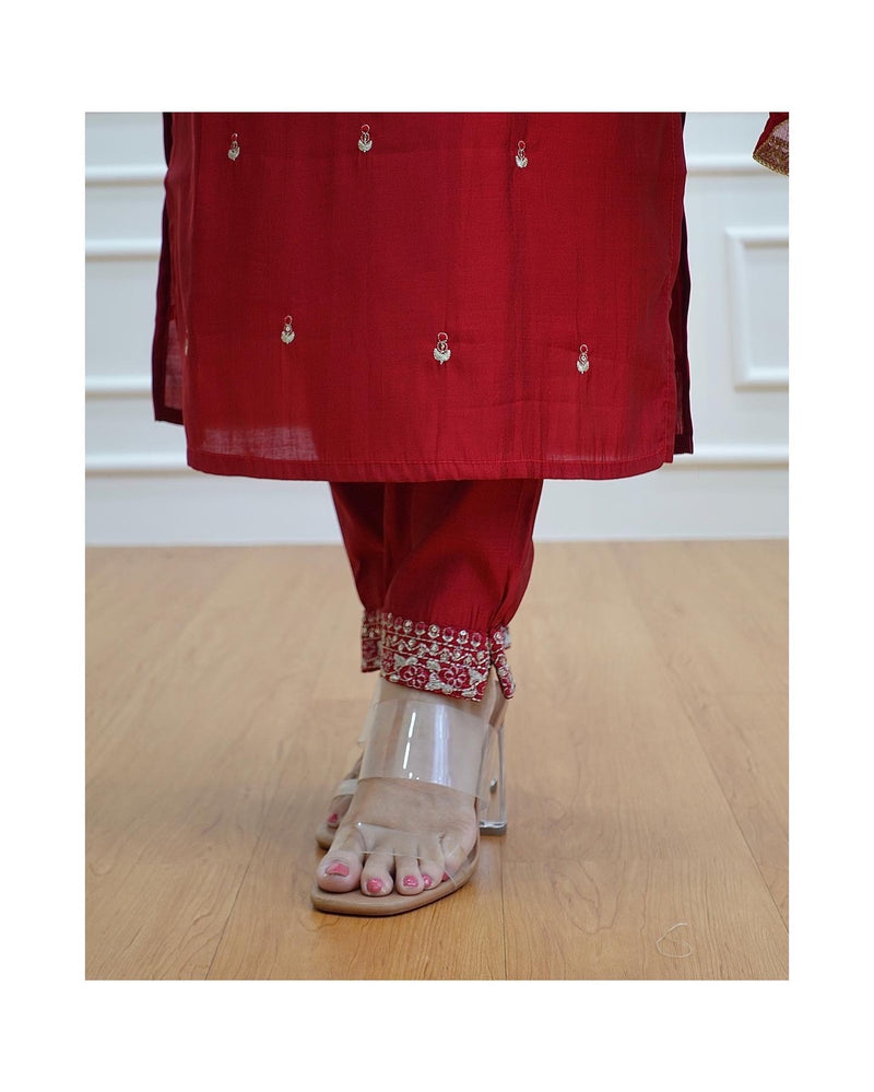 Maroon-Red Dola Silk Suit