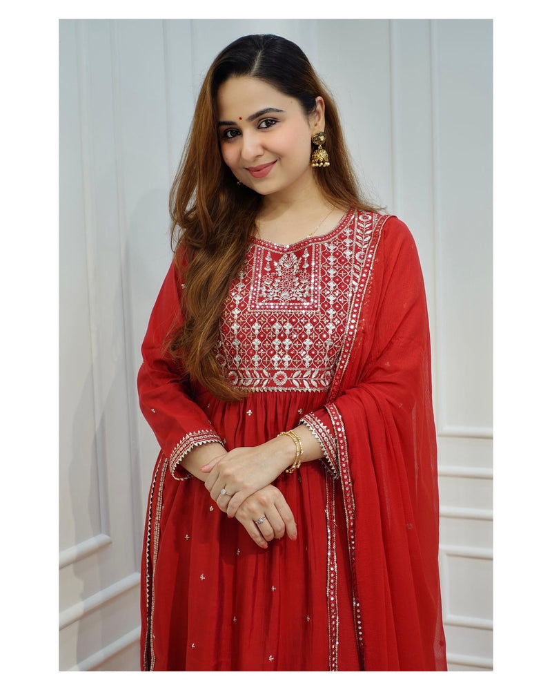 Red Nayra Embroidered Suit