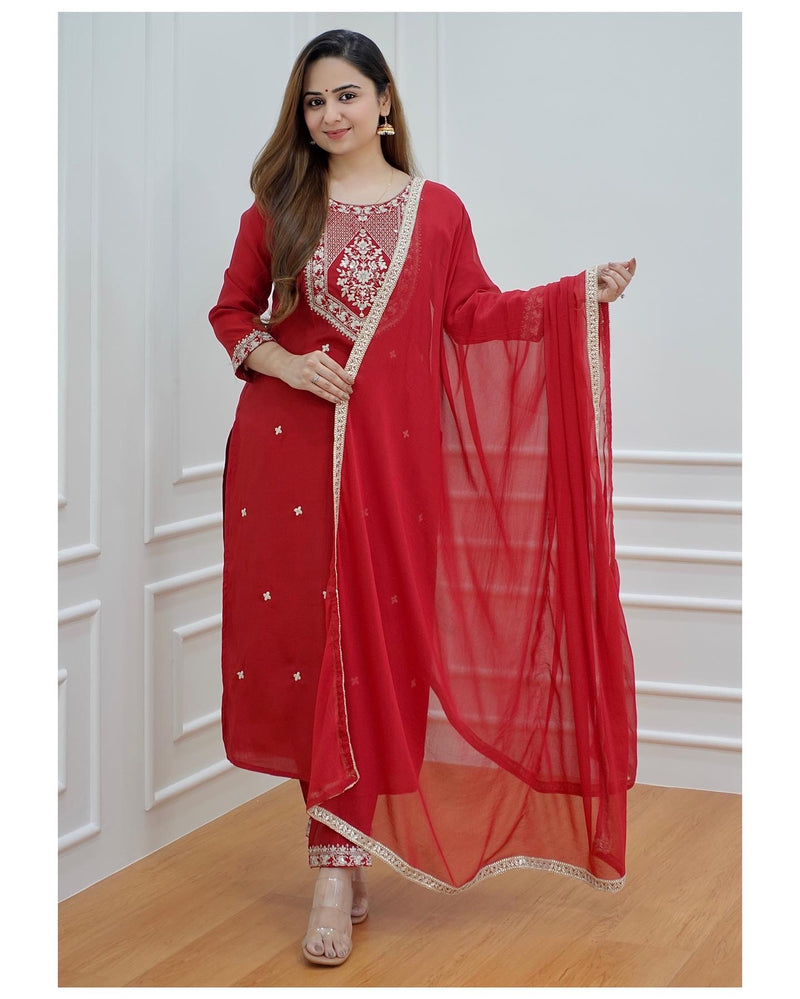 Red Dola Silk Suit