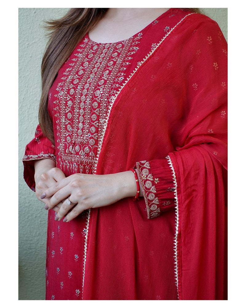 Maroon Muslin Embroidered Suit