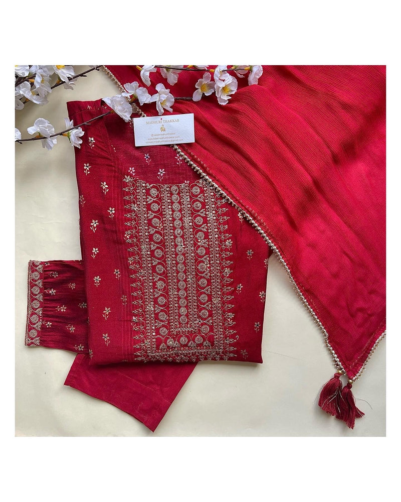 Maroon Muslin Embroidered Suit