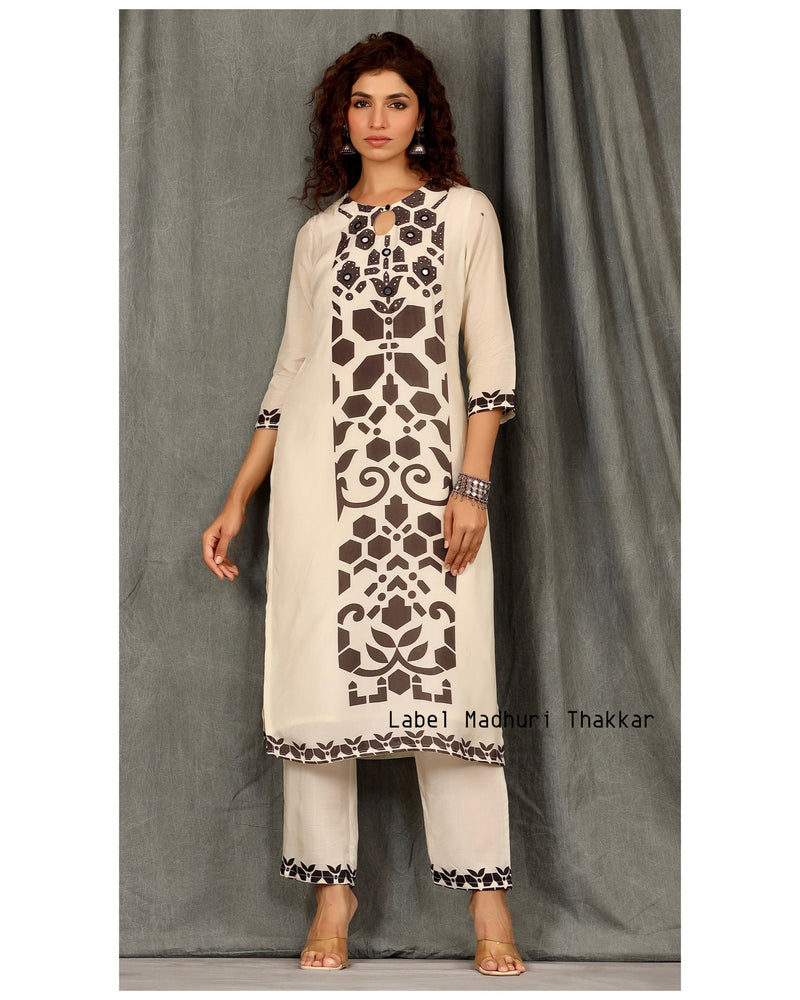 Ivory-Black Geometric Panel Muslin Kurta Set