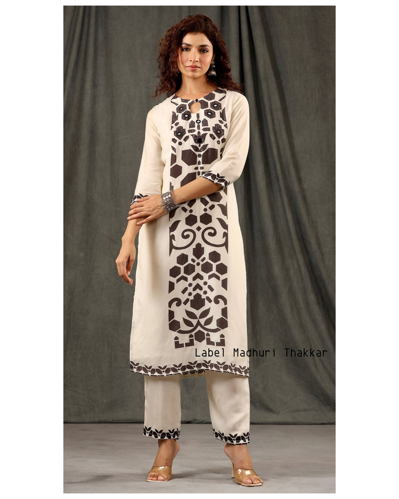 Ivory-Black Geometric Panel Muslin Kurta Set