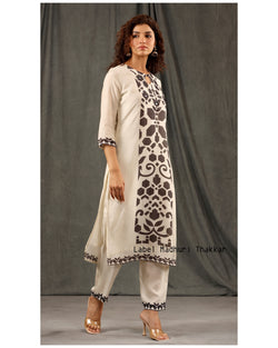 Ivory-Black Geometric Panel Muslin Kurta Set