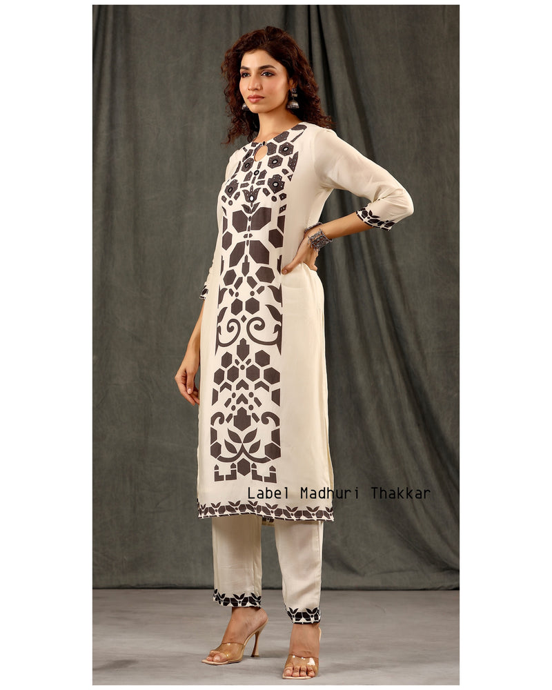 Ivory-Black Geometric Panel Muslin Kurta Set