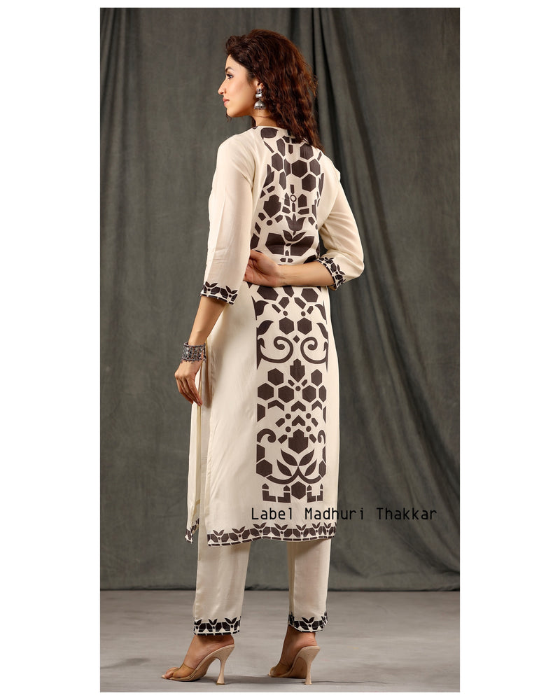 Ivory-Black Geometric Panel Muslin Kurta Set