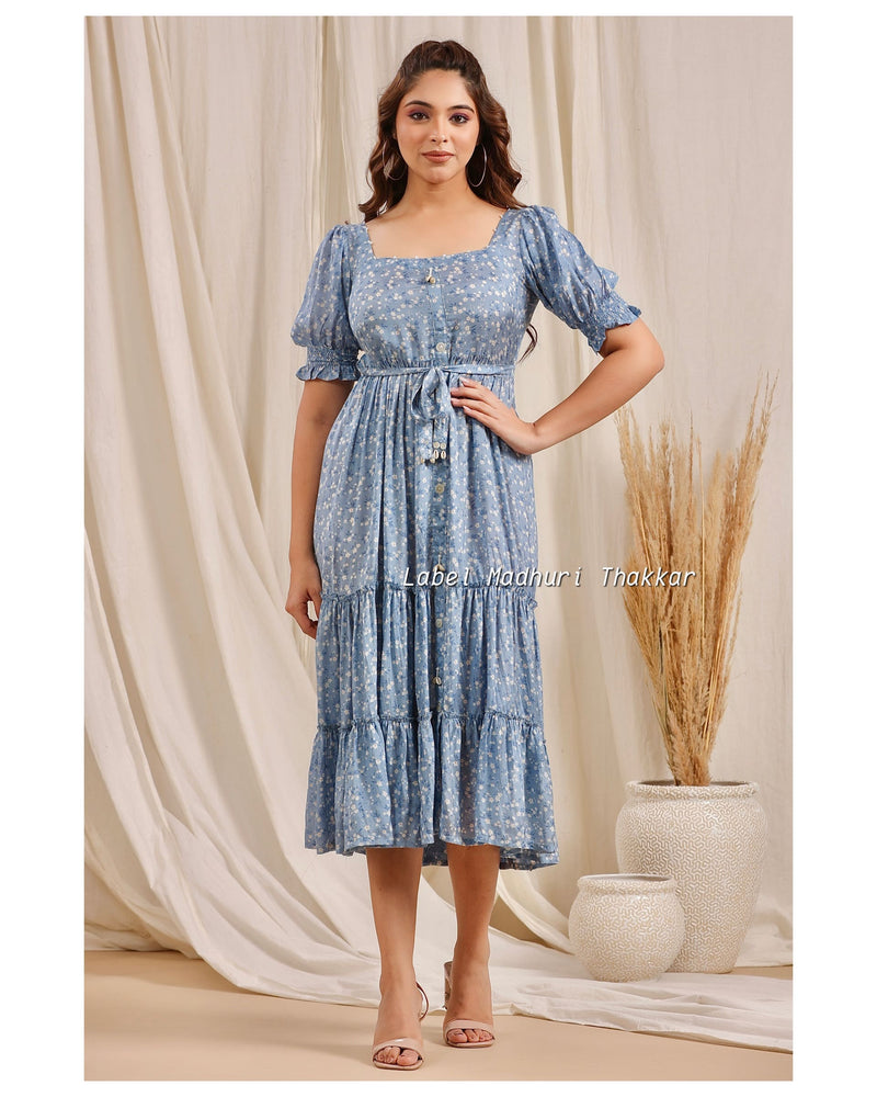 Blue Muslin Belt Dress