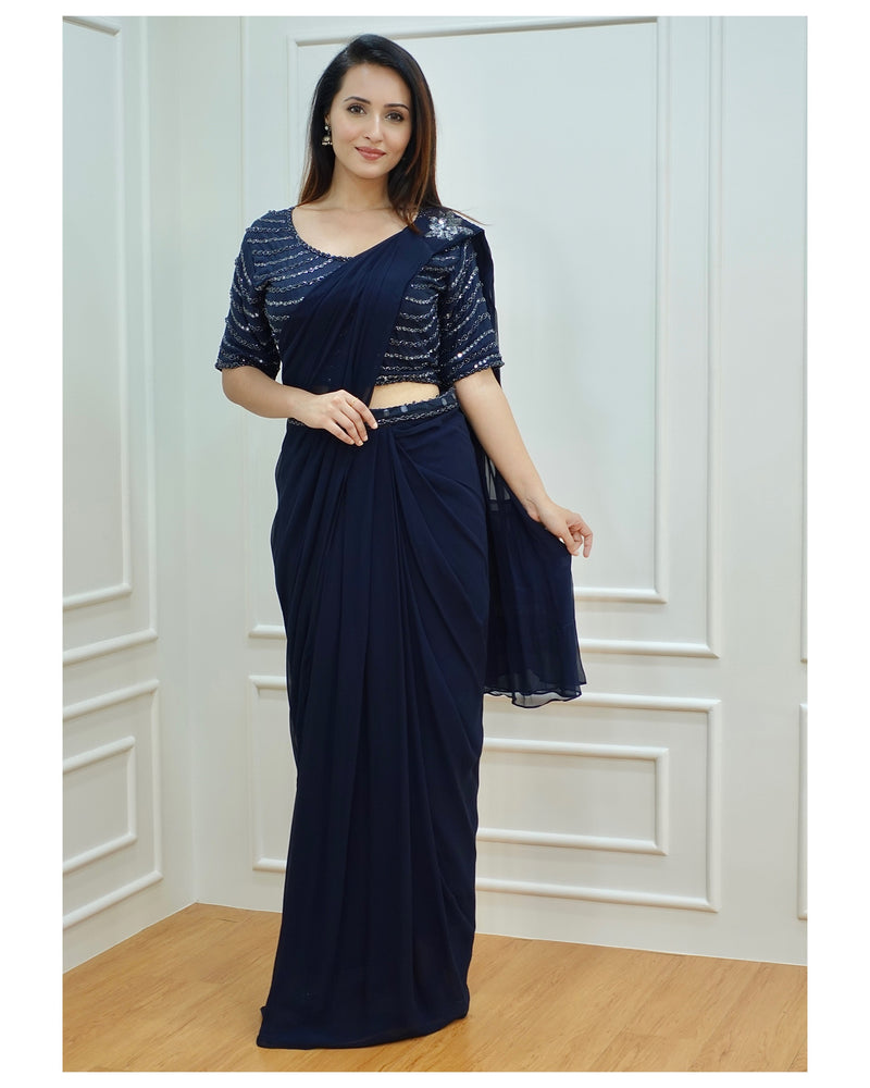 Navy Blue Handwork Drape Saree