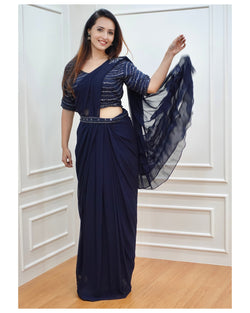 Navy Blue Handwork Drape Saree