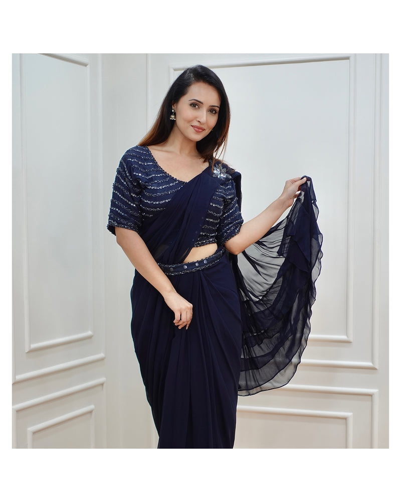 Navy Blue Handwork Drape Saree