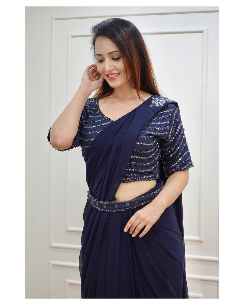 Navy Blue Handwork Drape Saree