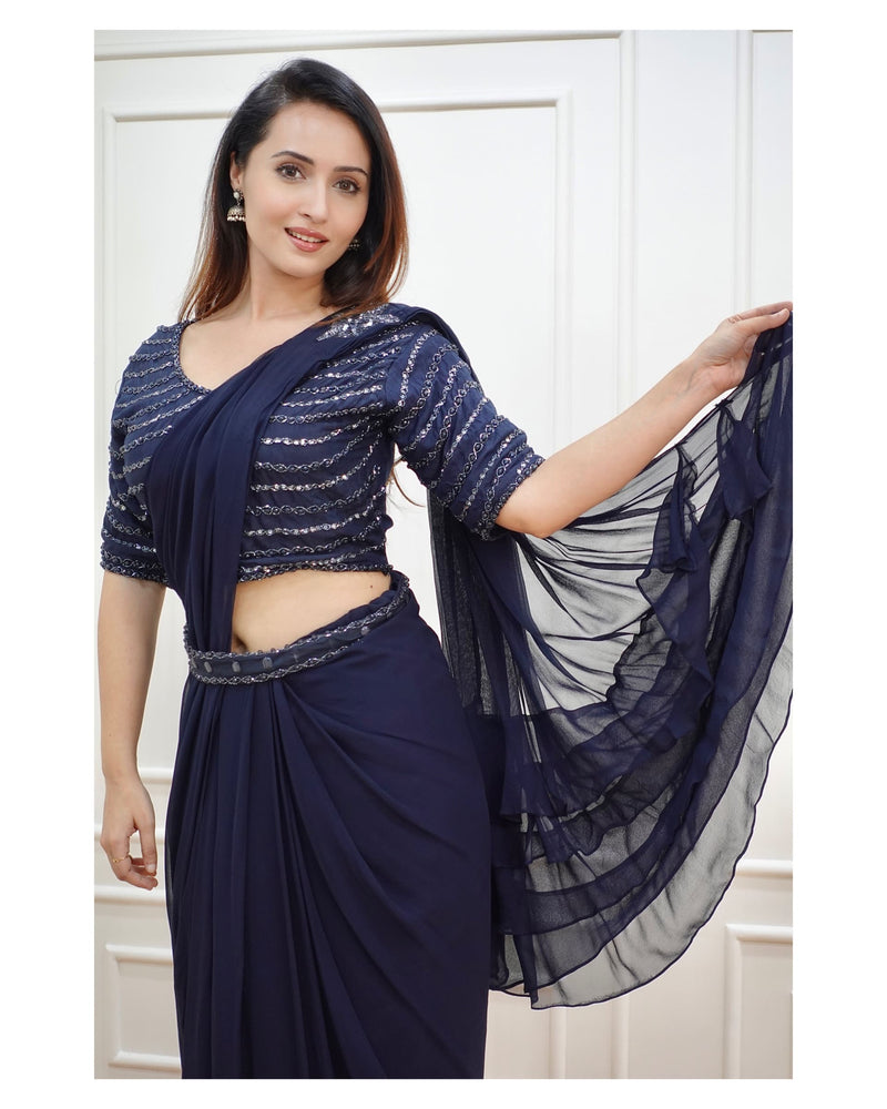 Navy Blue Handwork Drape Saree