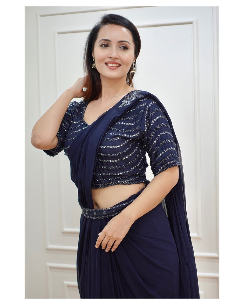 Navy Blue Handwork Drape Saree