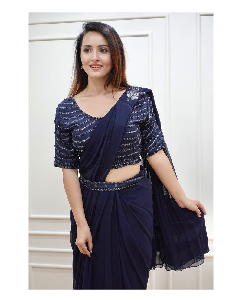 Navy Blue Handwork Drape Saree