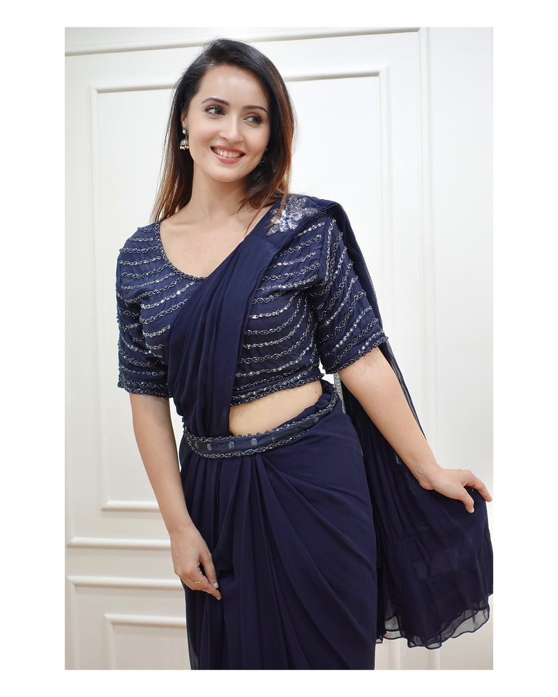 Navy Blue Handwork Drape Saree