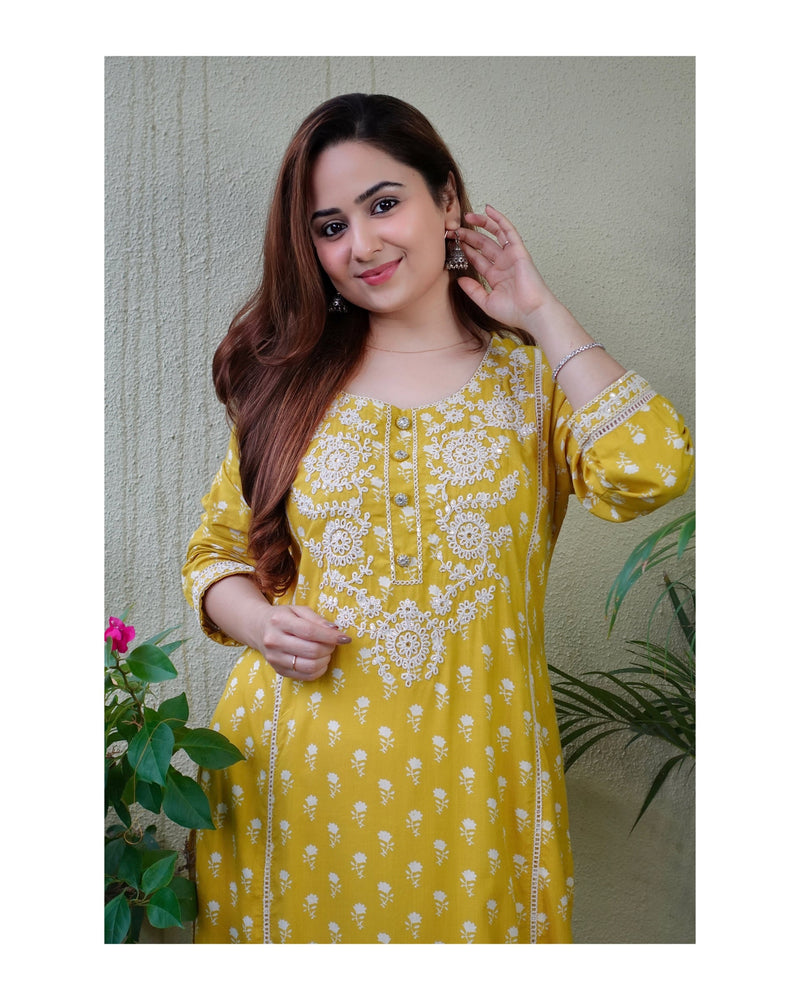 Yellow Embroidered Kurti