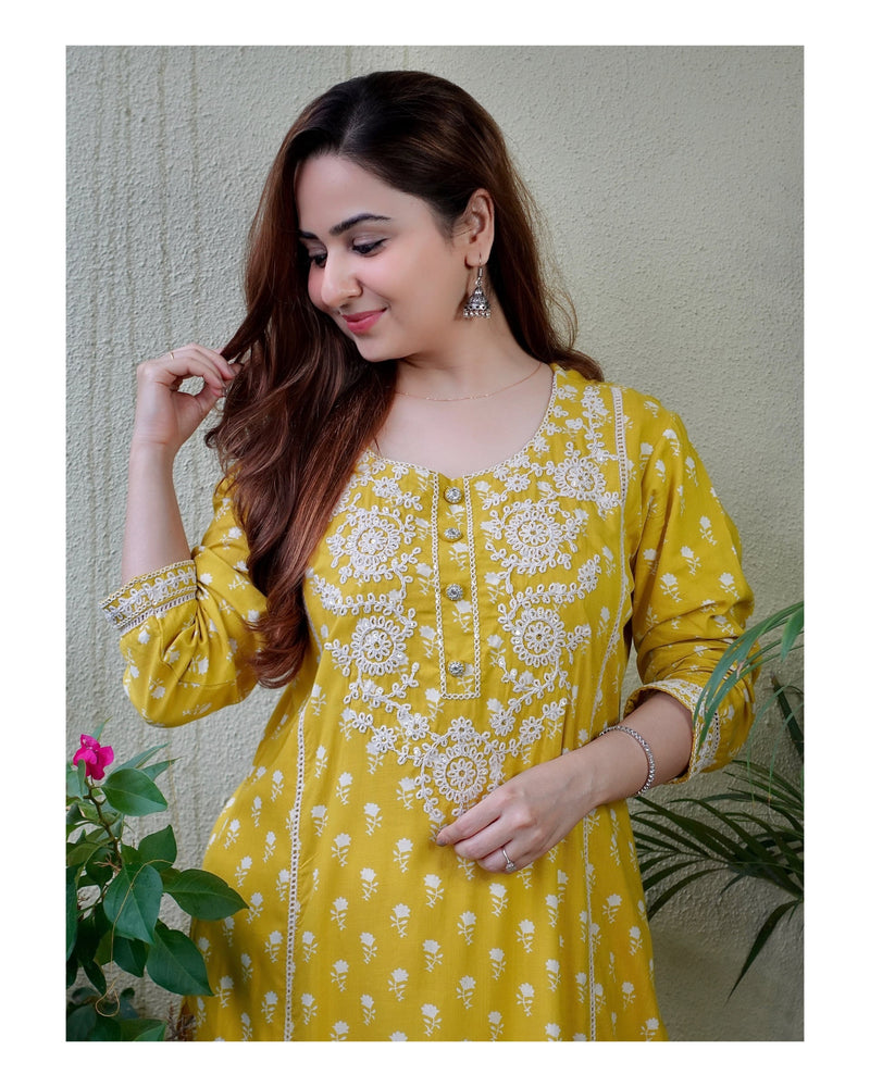 Yellow Embroidered Kurti