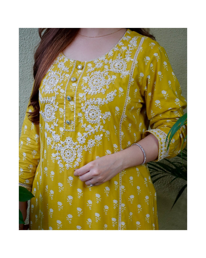 Yellow Embroidered Kurti