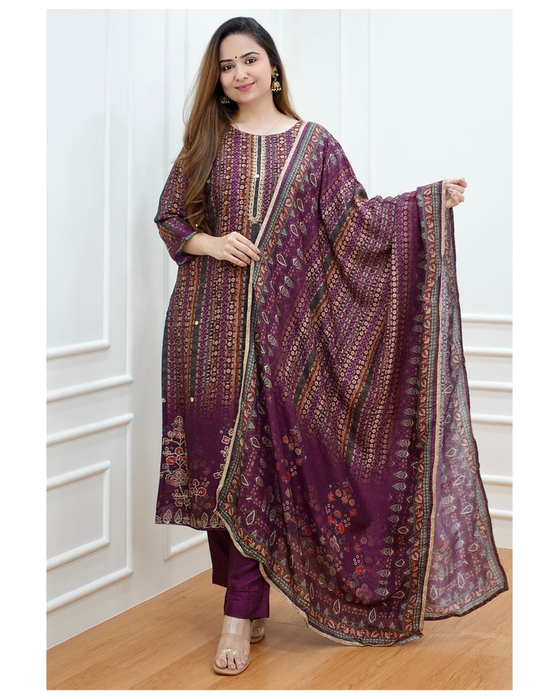 Wine Silk Printed Suit