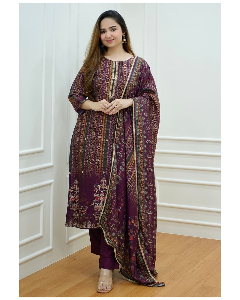 Wine Silk Printed Suit