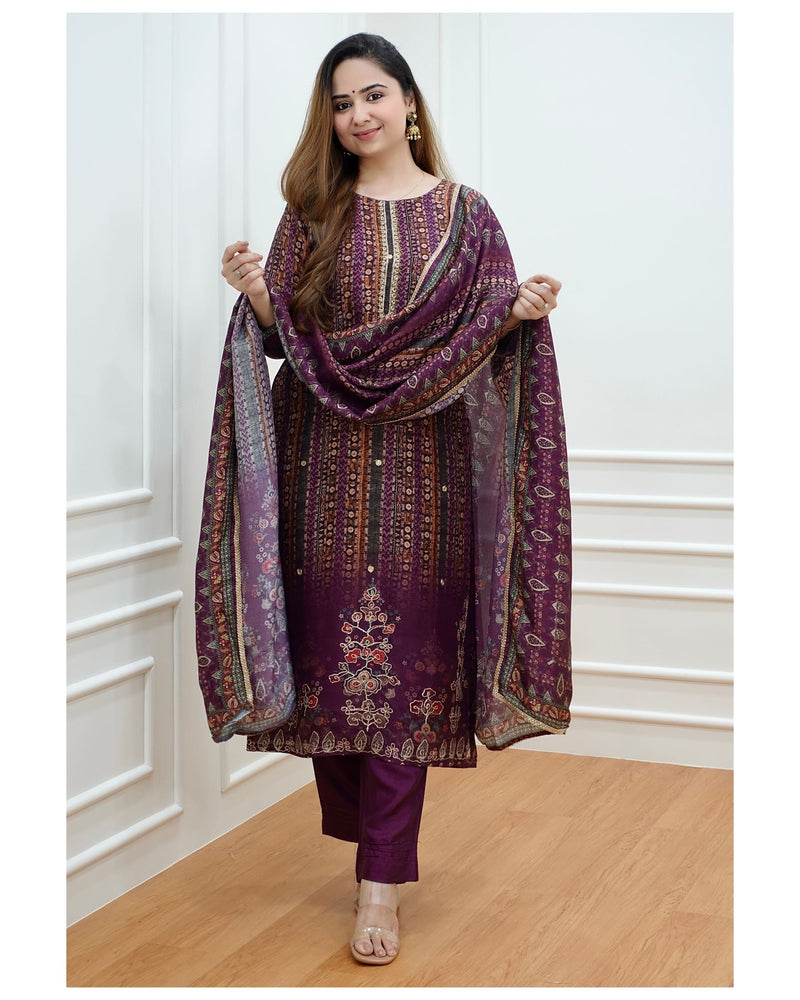 Wine Silk Printed Suit