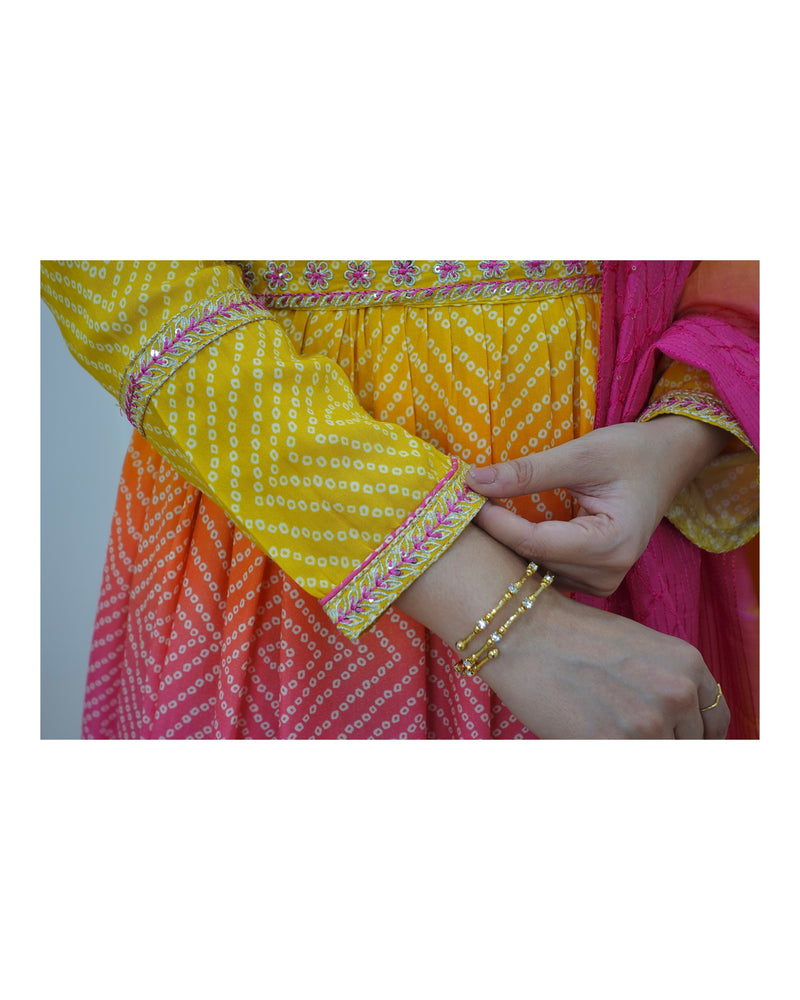 Pink-Yellow Handwork Anarkali Suit