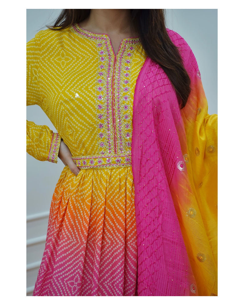 Pink-Yellow Handwork Anarkali Suit