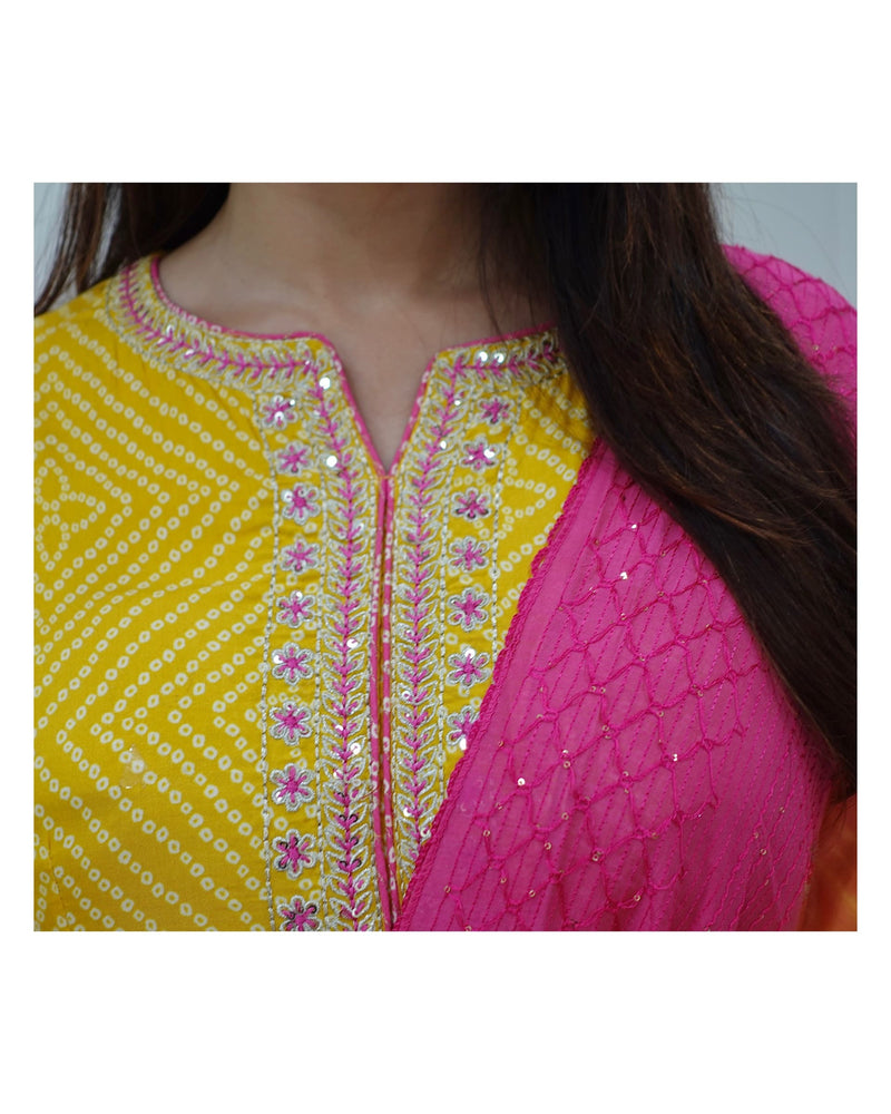 Pink-Yellow Handwork Anarkali Suit