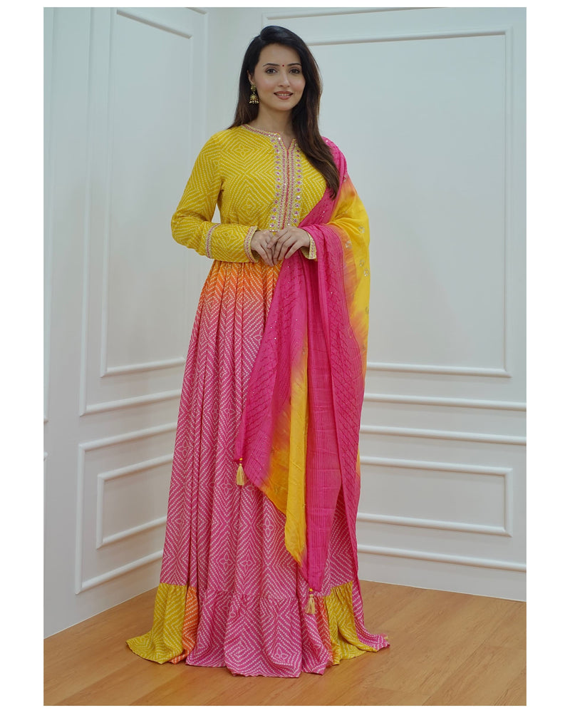 Pink-Yellow Handwork Anarkali Suit