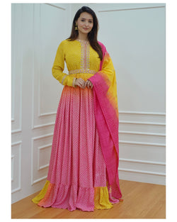 Pink-Yellow Handwork Anarkali Suit