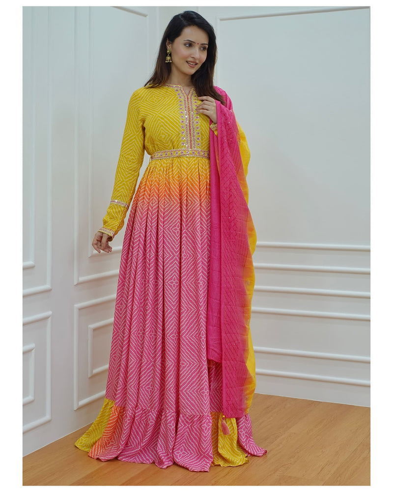 Pink-Yellow Handwork Anarkali Suit