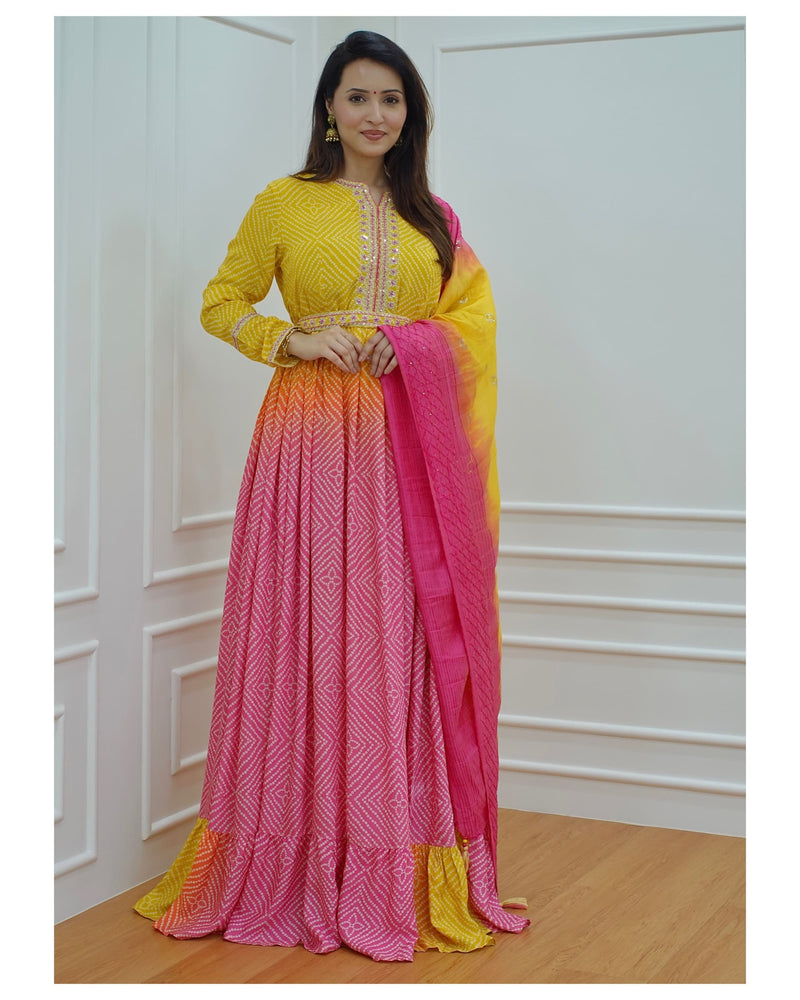 Pink-Yellow Handwork Anarkali Suit