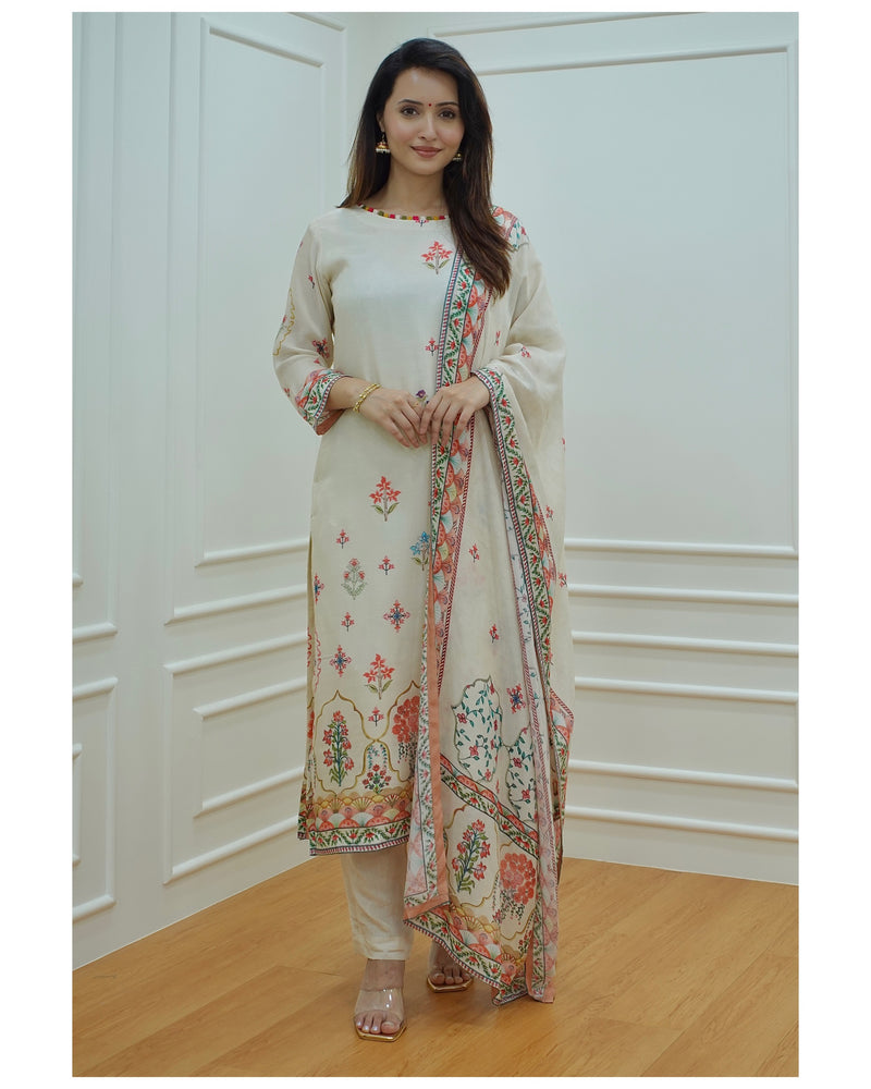 Ivory Muslin Digital Print Suit