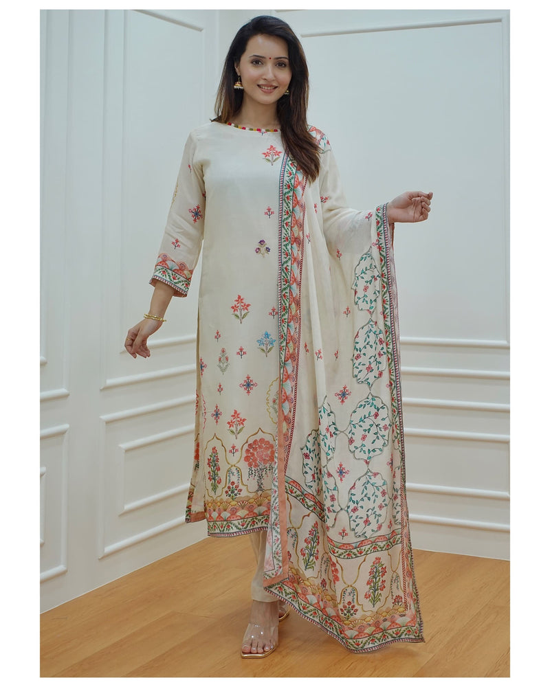 Ivory Muslin Digital Print Suit