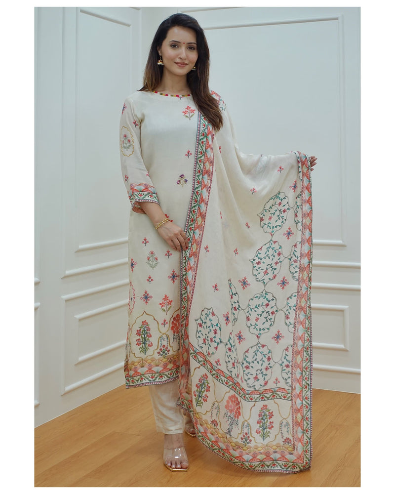 Ivory Muslin Digital Print Suit