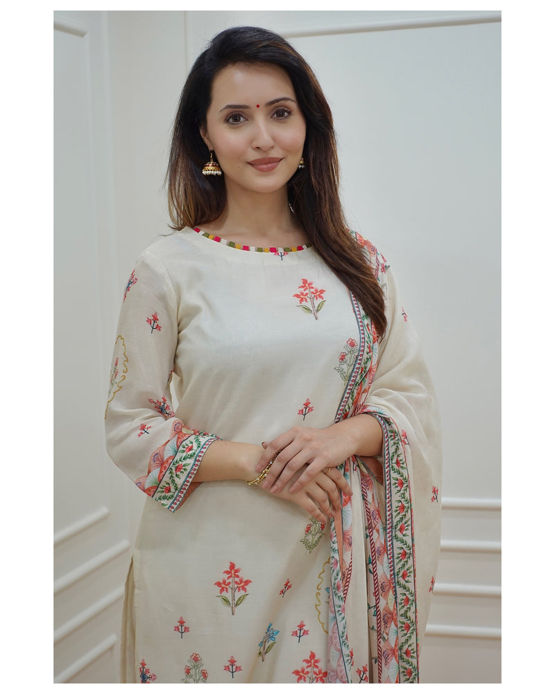 Ivory Muslin Digital Print Suit